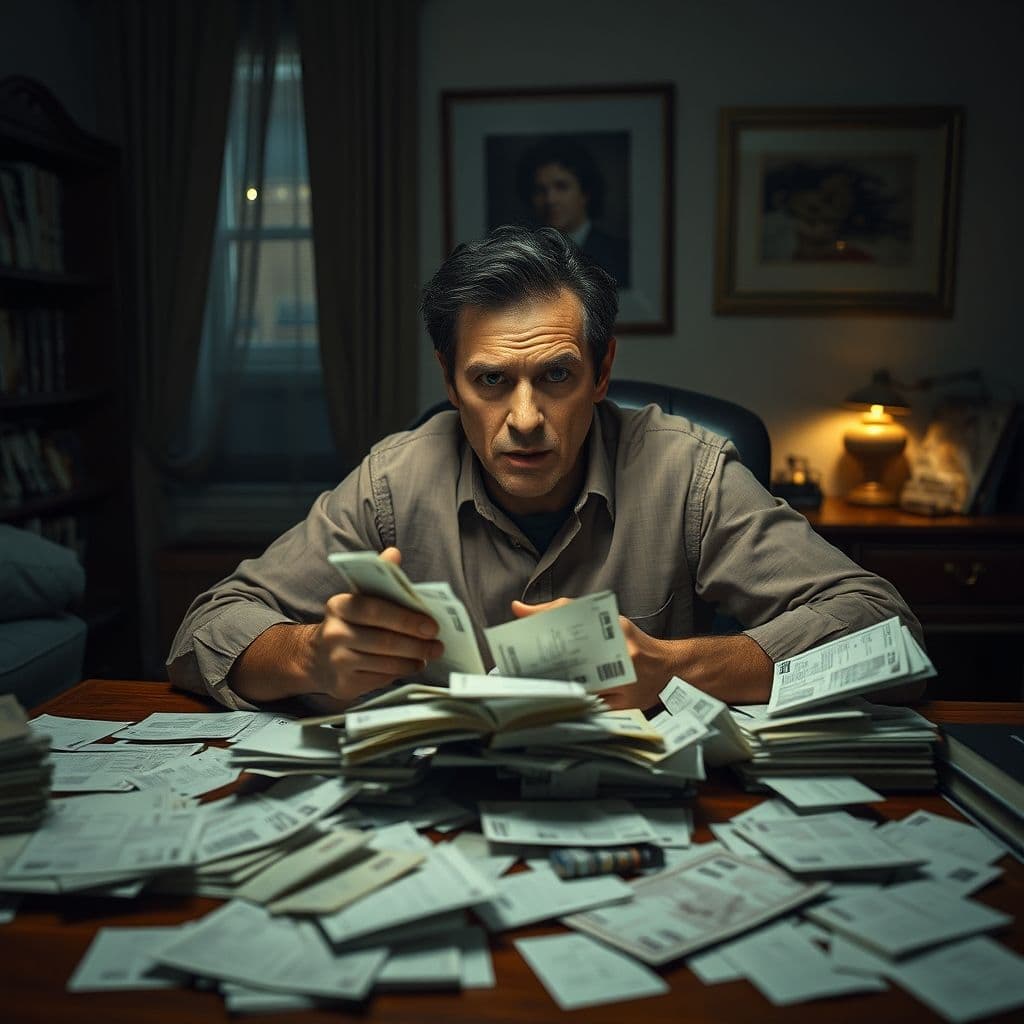 A person overwhelmed by credit card bills and financial stress.