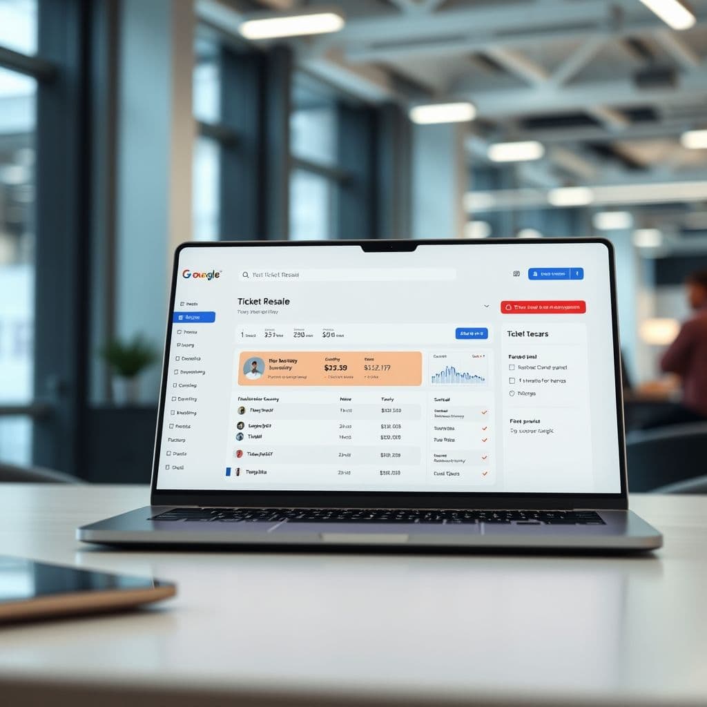Conceptual interface of a fan-centric ticket resale platform on a laptop screen.