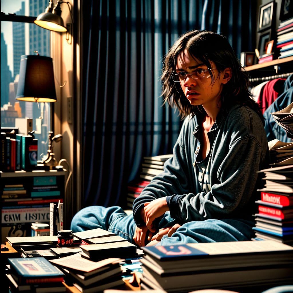 A person overwhelmed by a messy room, looking stressed.