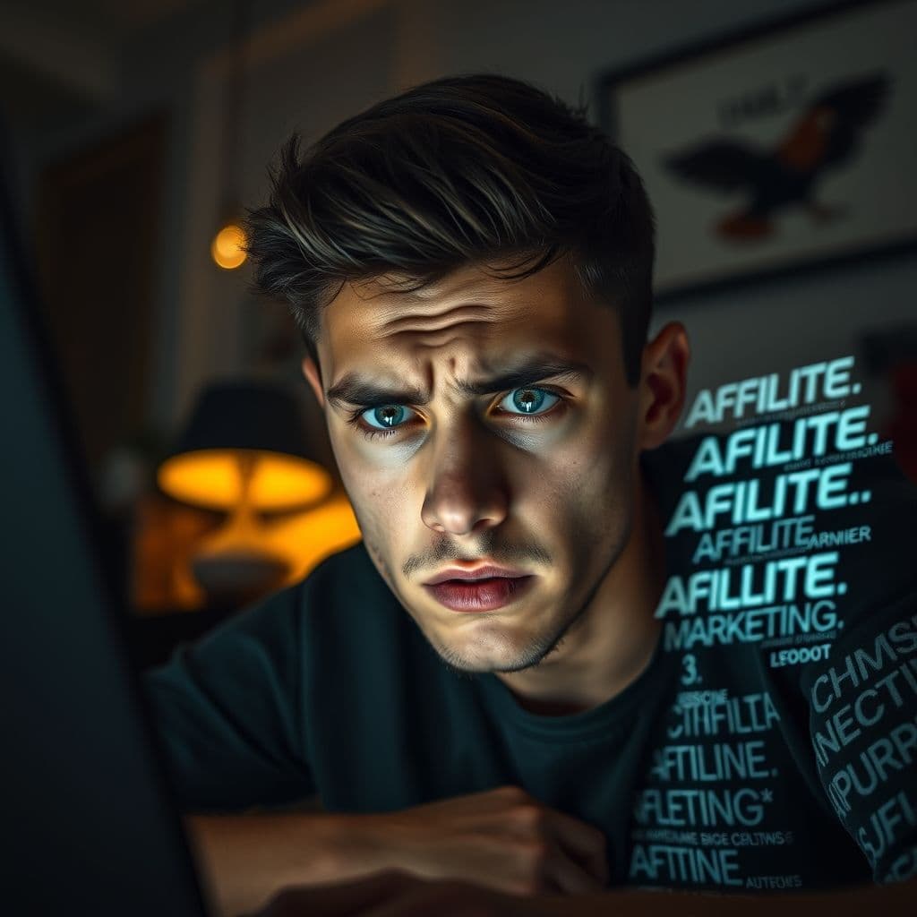 A frustrated person staring at a laptop screen filled with confusing affiliate marketing terms.