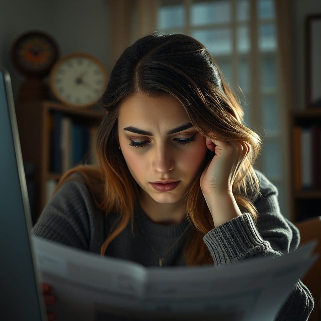 A frustrated woman managing multiple credit cards and bills on her laptop.