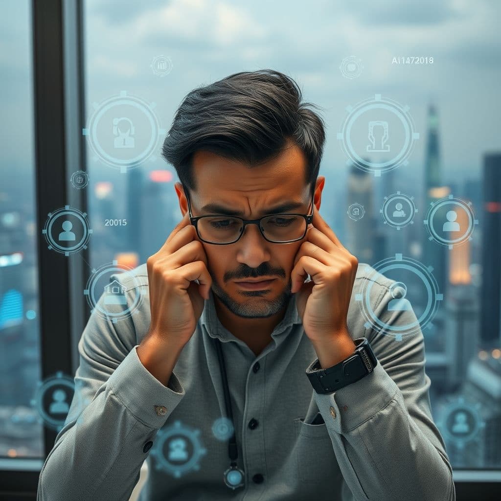 A frustrated startup founder surrounded by multiple AI tools and disorganized workflows.