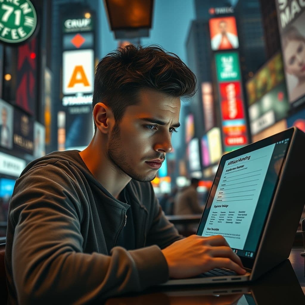 A frustrated beginner trying to understand affiliate marketing on a laptop.