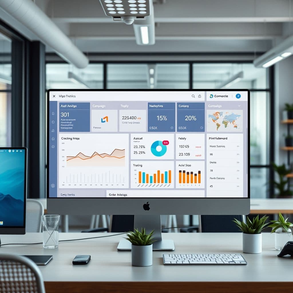 Conceptual interface of a POD marketing automation dashboard.