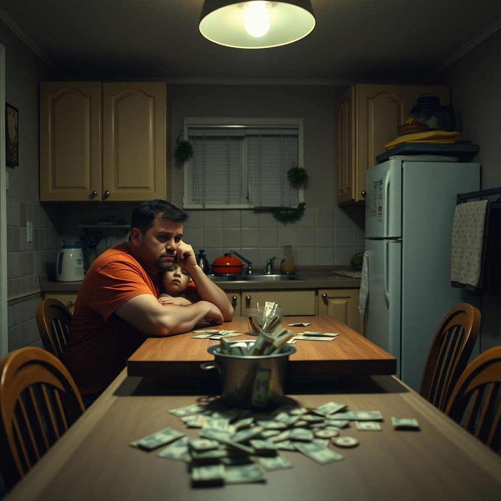 Frustrated parent trying to explain money concepts to confused child.