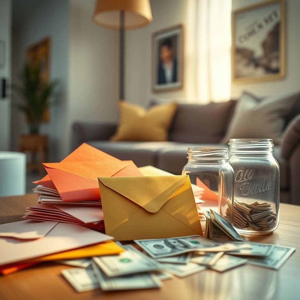 A creative cash envelope challenge setup with decorated envelopes and a savings jar.