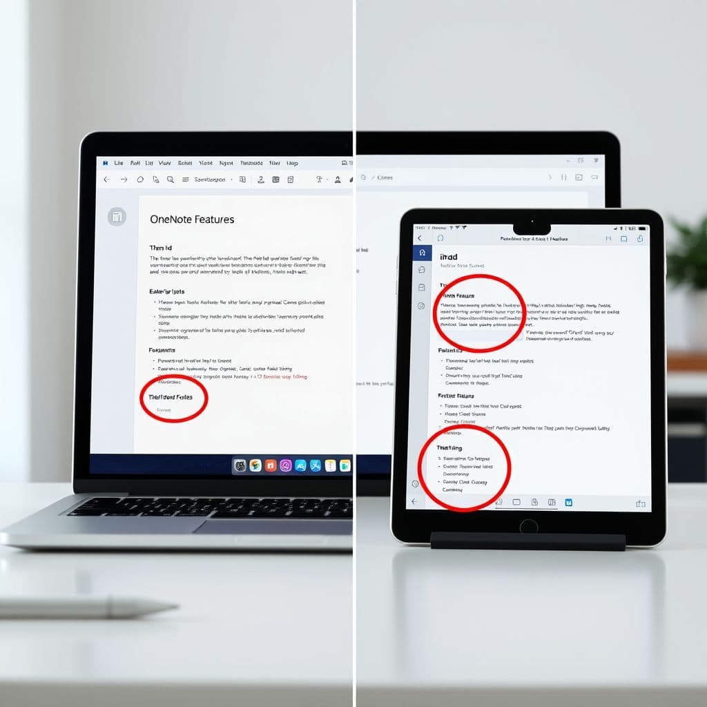 Side-by-side comparison of OneNote features working on desktop but missing on iPad.