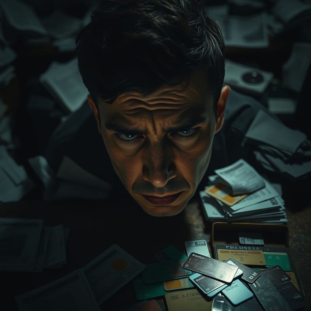 A person overwhelmed by financial stress, surrounded by bills and credit cards.