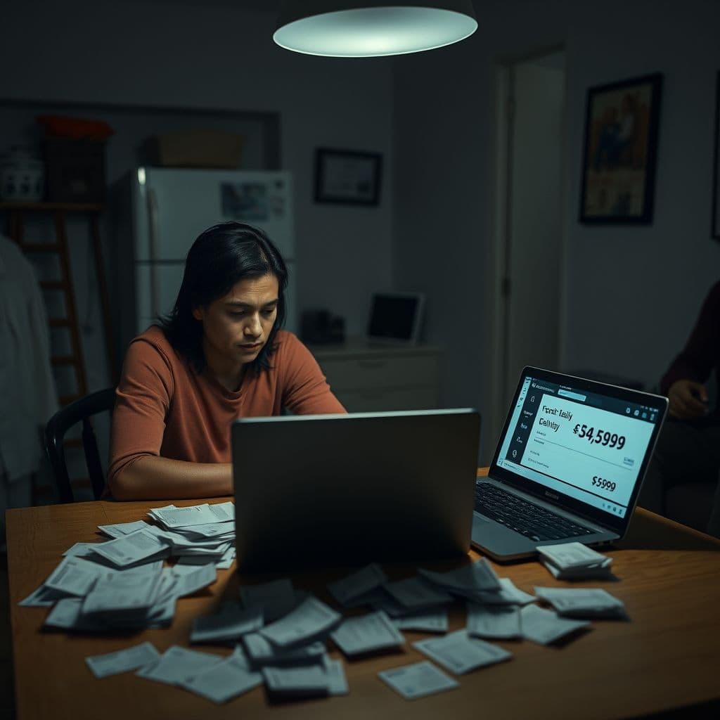 A stressed couple reviewing their finances on a laptop, symbolizing the debt crisis.