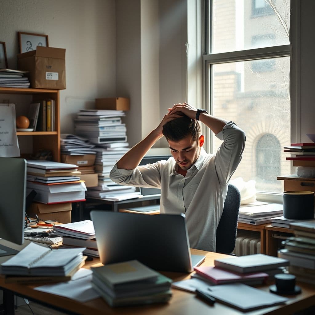 A small business owner overwhelmed by multiple tasks on a cluttered desk.