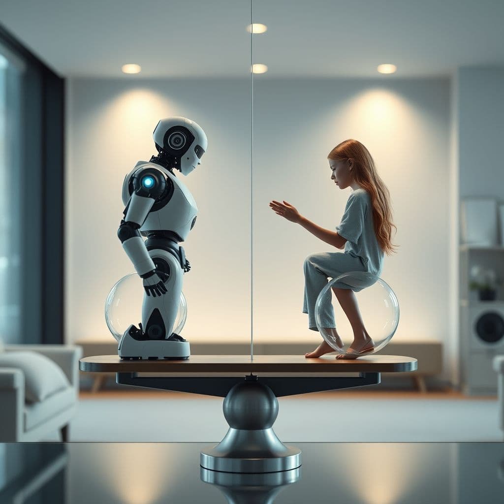 A conceptual image showing a balance between AI and human therapists in mental health care.
