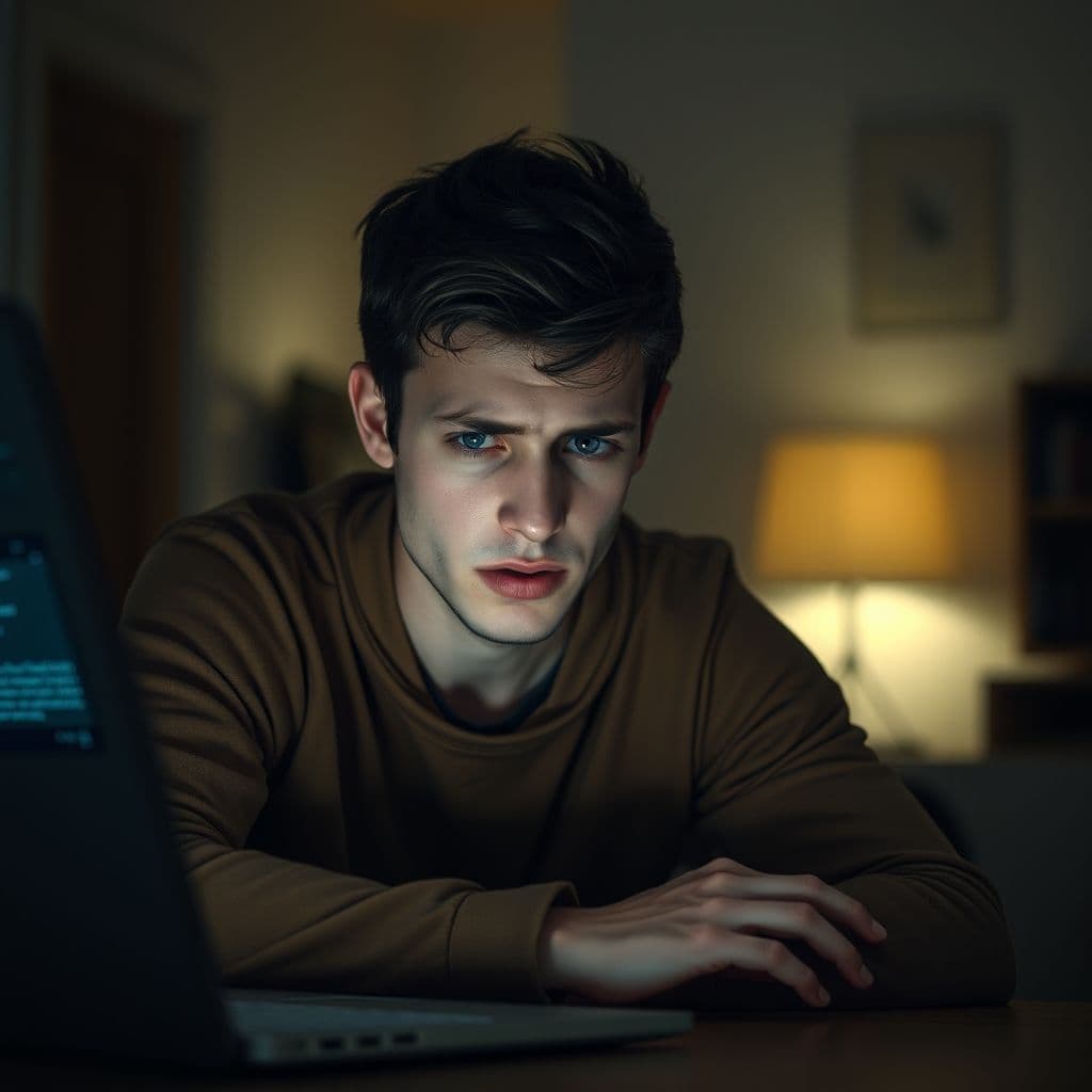 A student nervously checking AI detection results on their laptop.