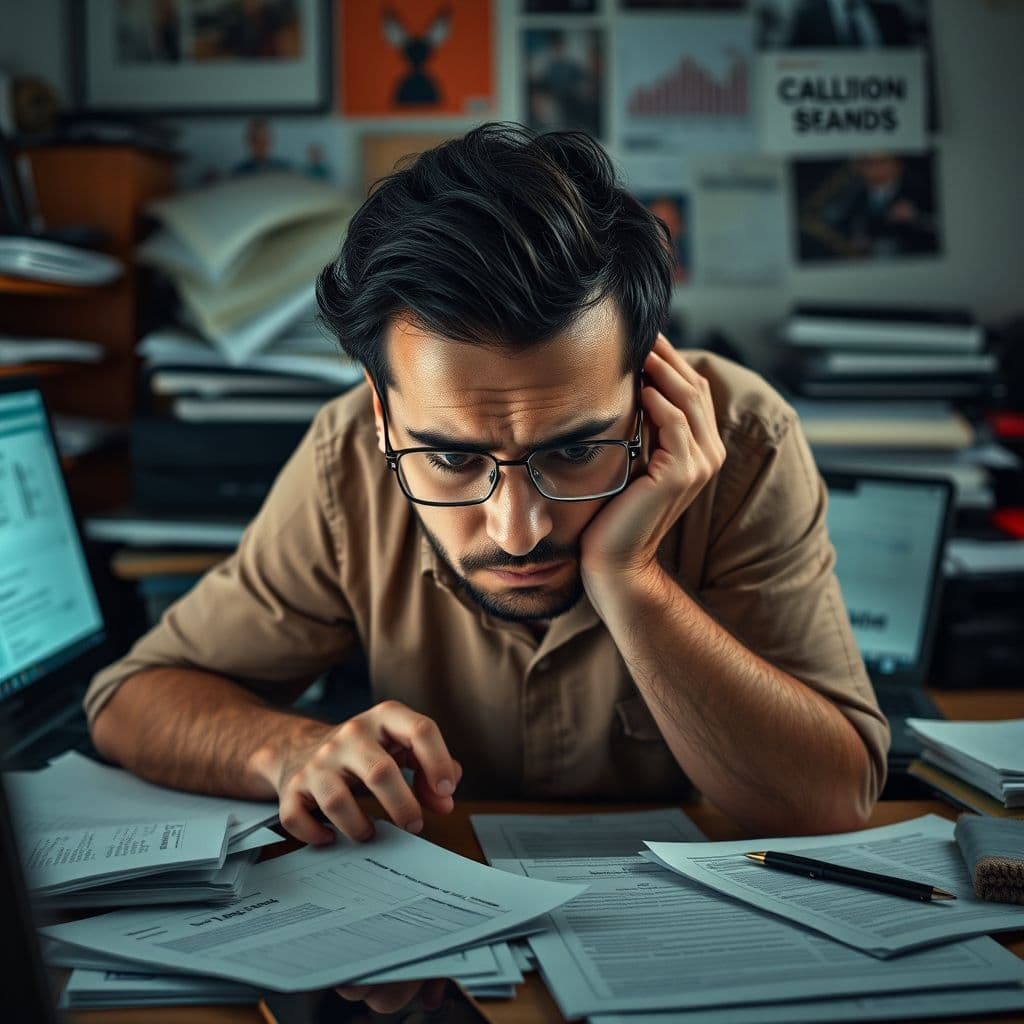 A graphic designer overwhelmed by multiple tools and paperwork on a messy desk.