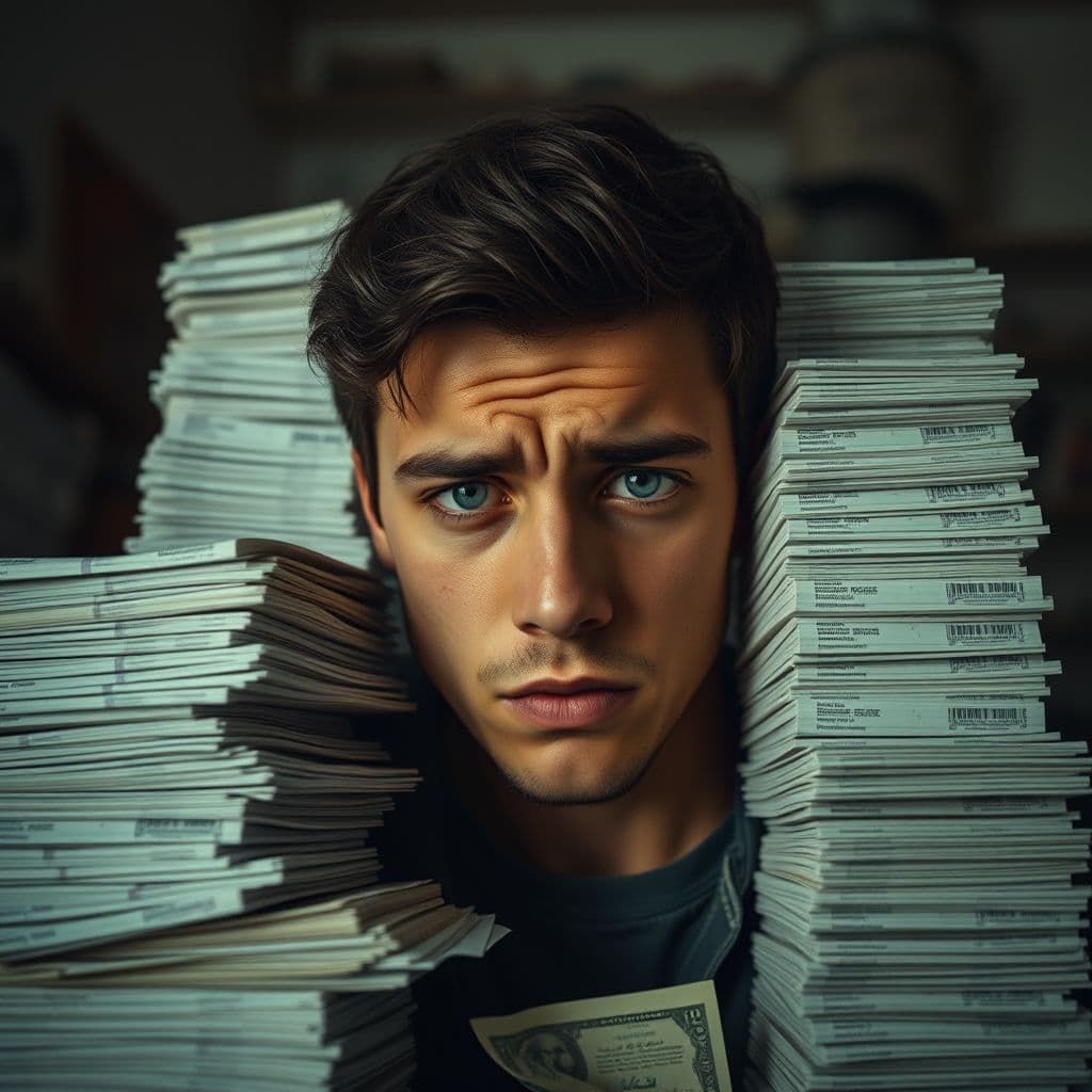 A frustrated student looking at a towering stack of student loan bills.
