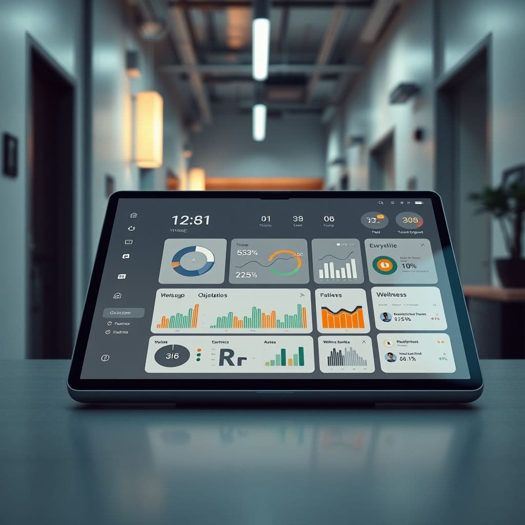 A futuristic dashboard showing productivity metrics and time tracking.