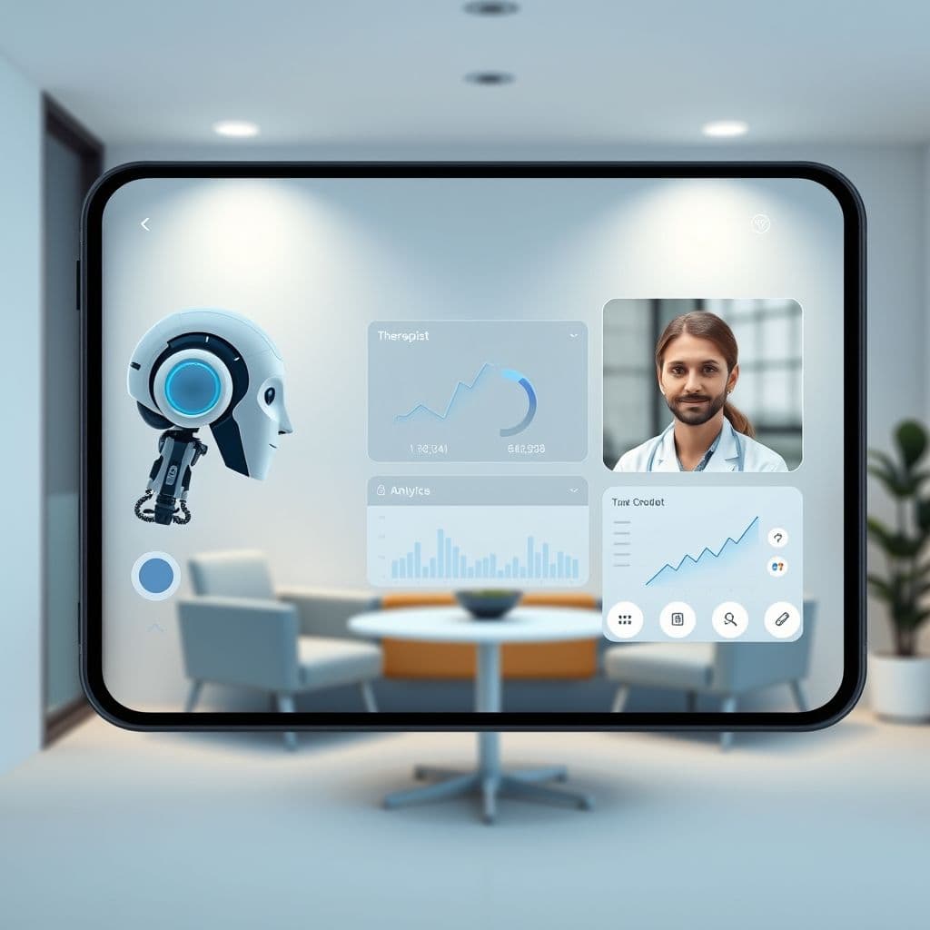 Conceptual interface of a hybrid mental health platform showing AI and human therapist integration.