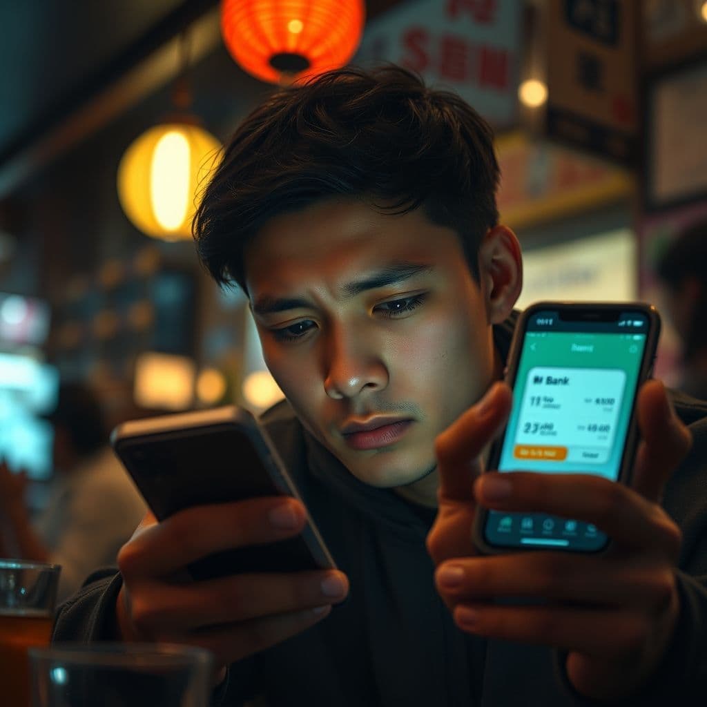 A person looking stressed while checking their bank account on a phone.