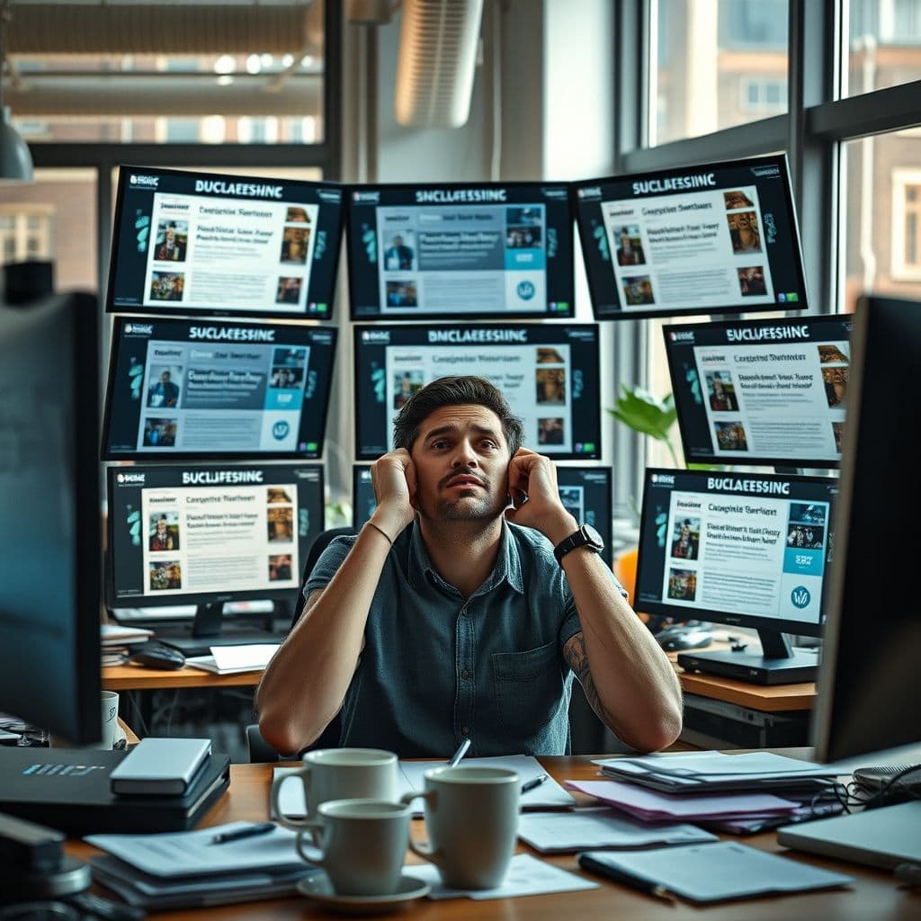 A social media manager overwhelmed by client acquisition challenges.