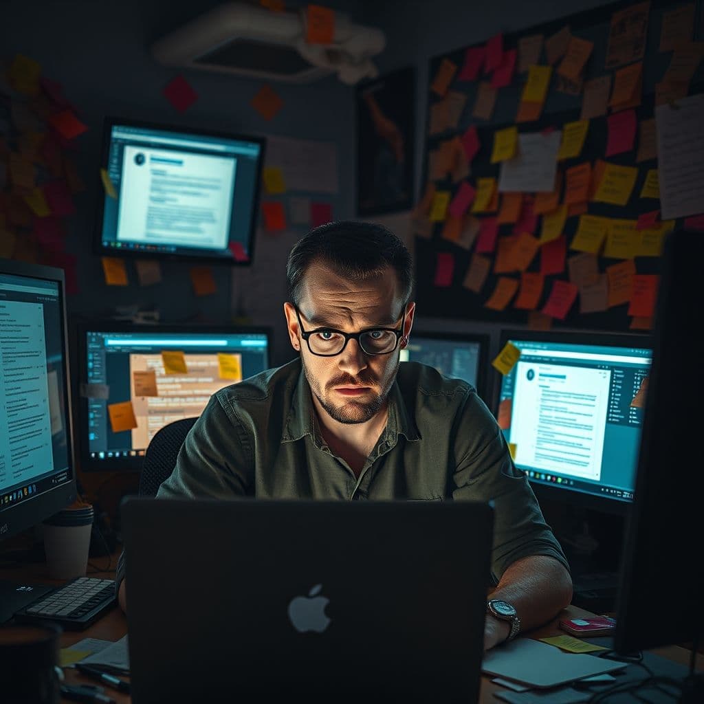 Frustrated web designer managing multiple client feedback channels.