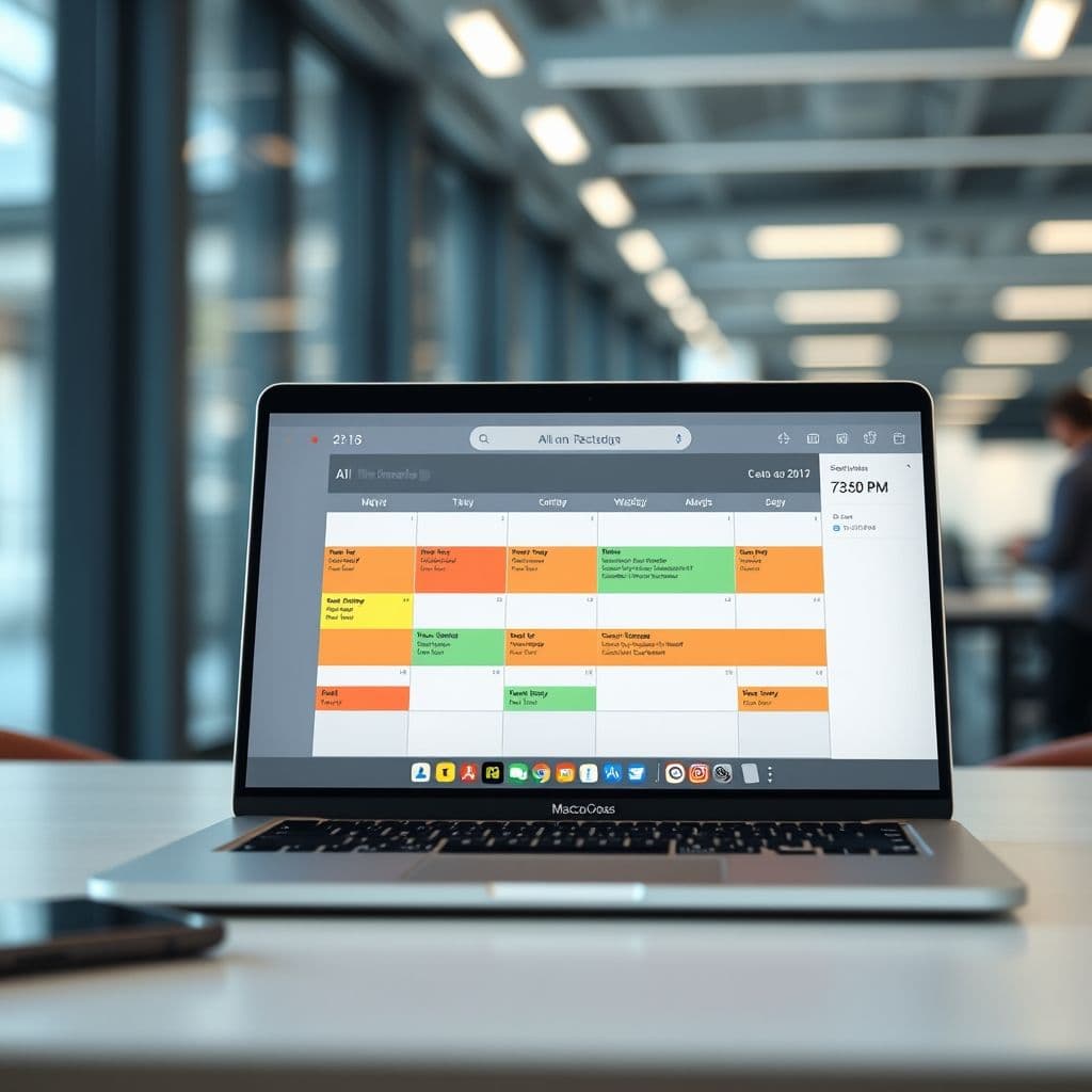 A futuristic AI assistant organizing a digital schedule on a laptop screen.