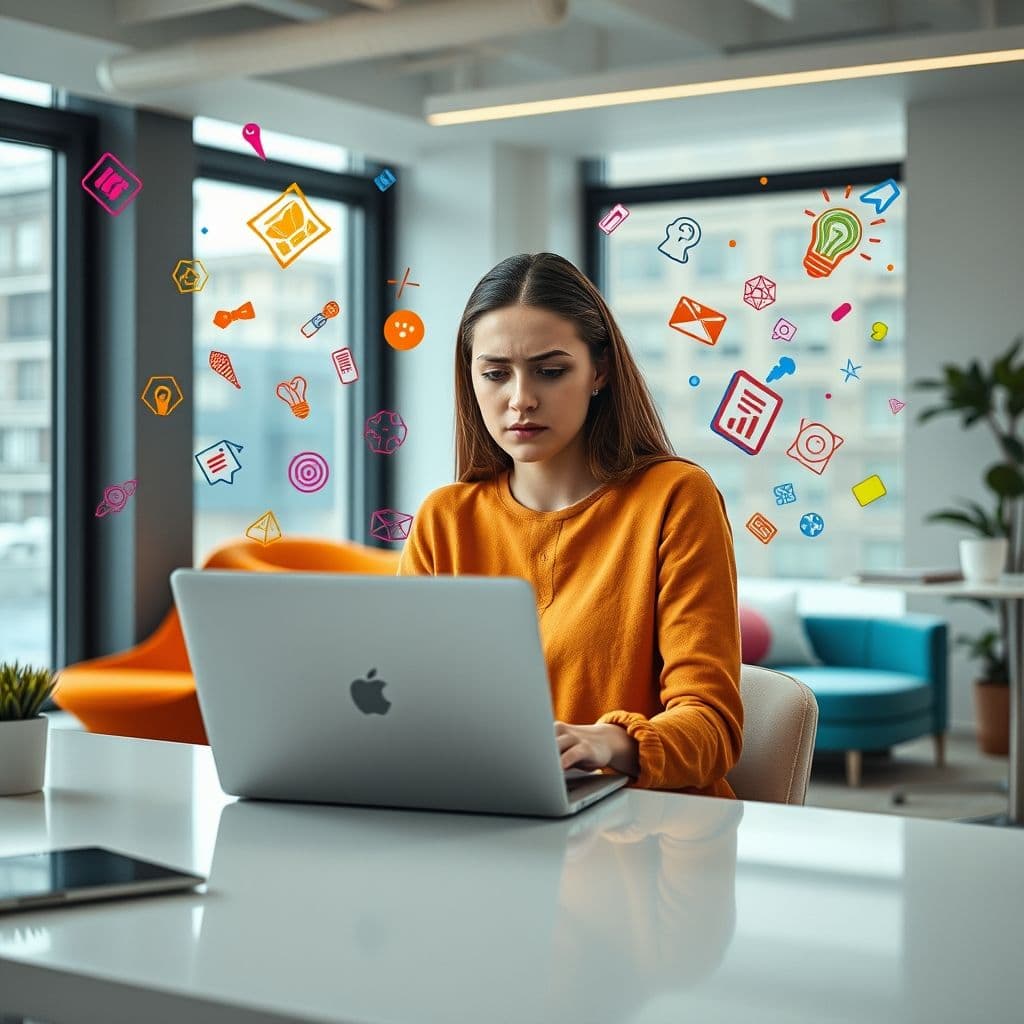 Frustrated content creator looking at a blank screen with AI suggestions floating nearby.