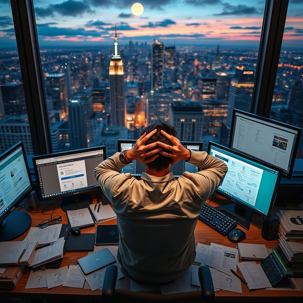 A confused Amazon seller surrounded by multiple open browser tabs and scattered notes.