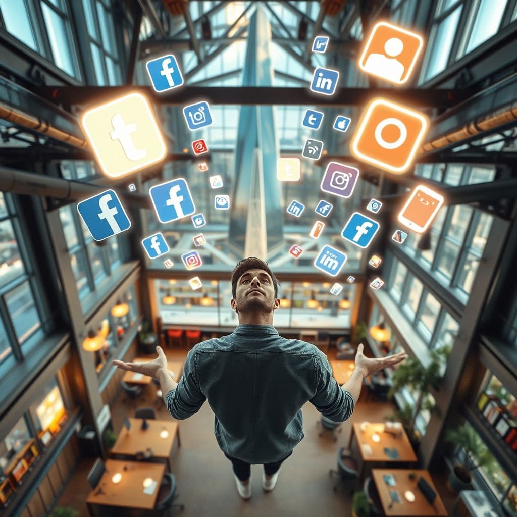 A freelancer overwhelmed by multiple social media platforms and marketing channels.