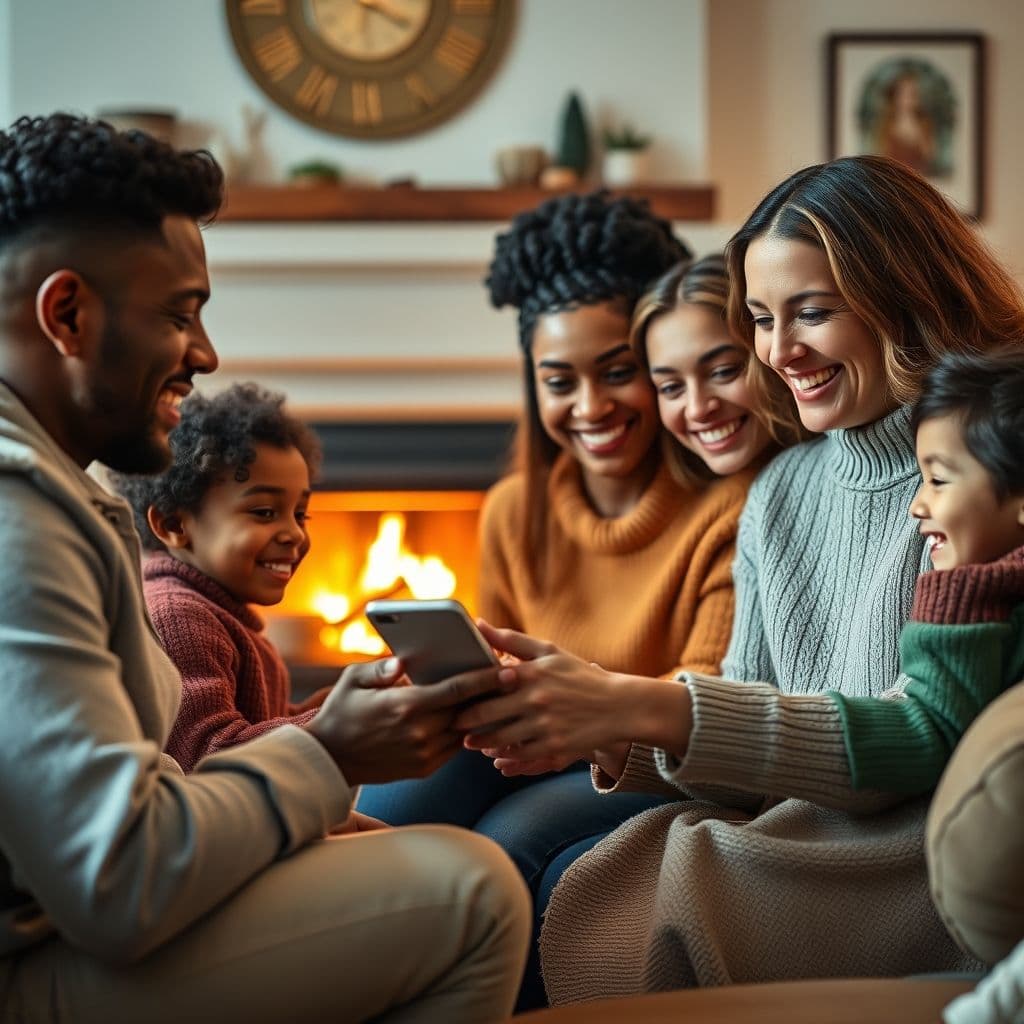 A happy family managing their budget together with a smartphone app.