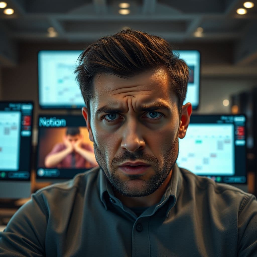 A frustrated user struggling with multiple productivity apps on their devices.