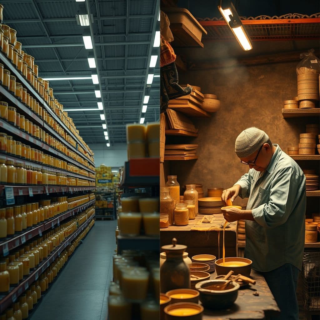 Side-by-side comparison of a crowded candle market versus a small business owner working alone.