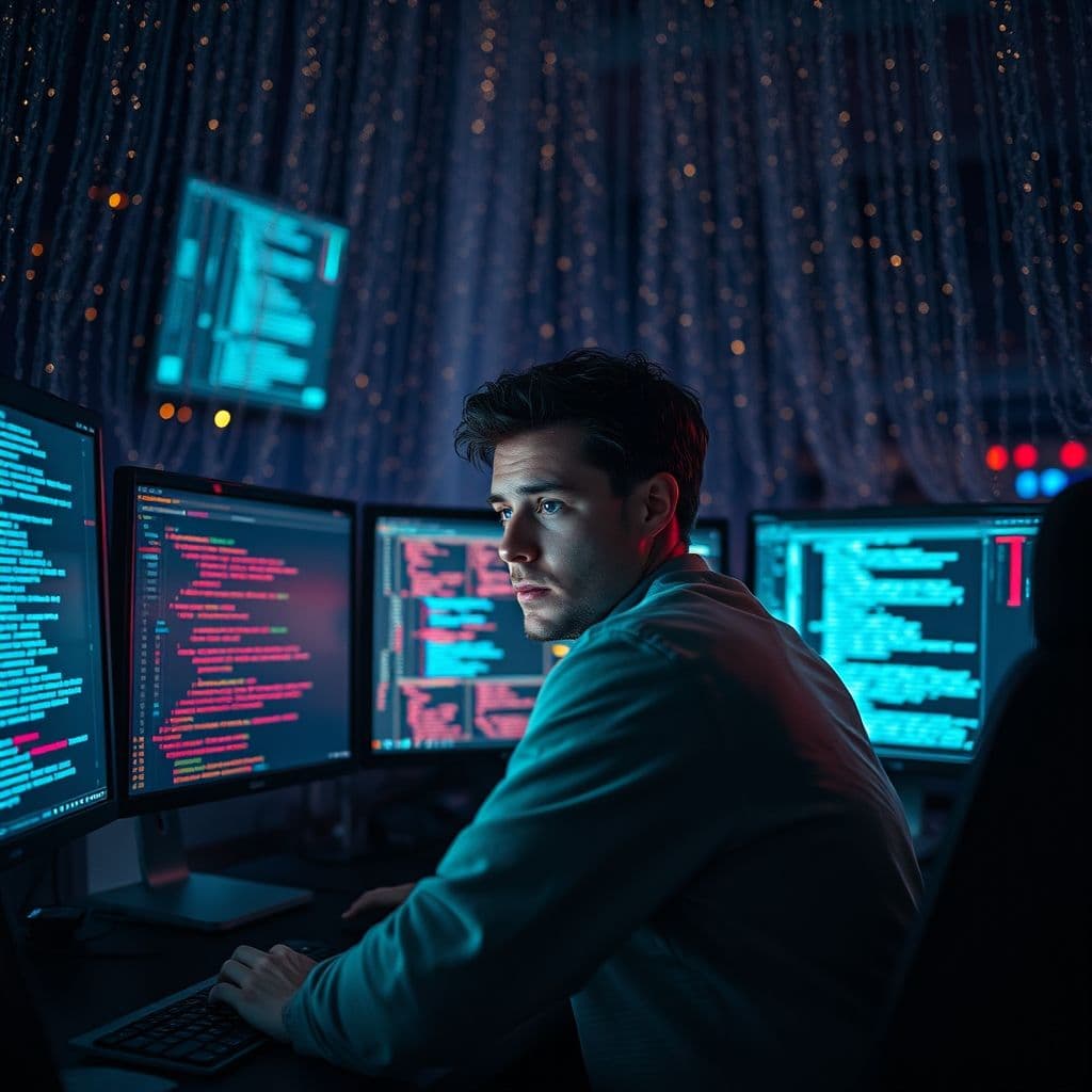 A developer overwhelmed by a terminal full of complex commands.