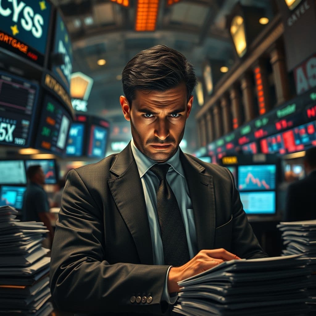 A stressed real estate investor analyzing financial charts on a laptop.