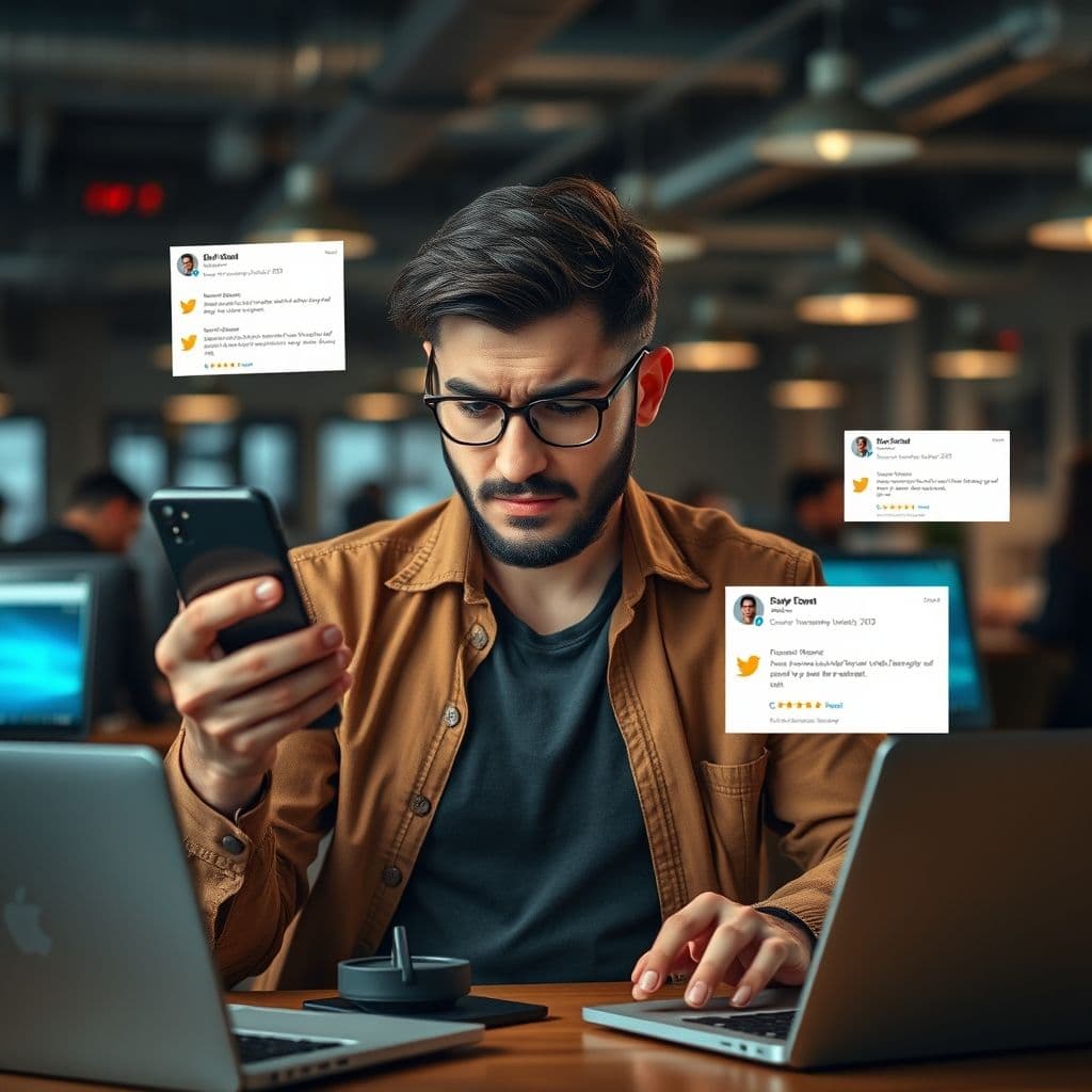 A solopreneur juggling multiple devices to upload content.