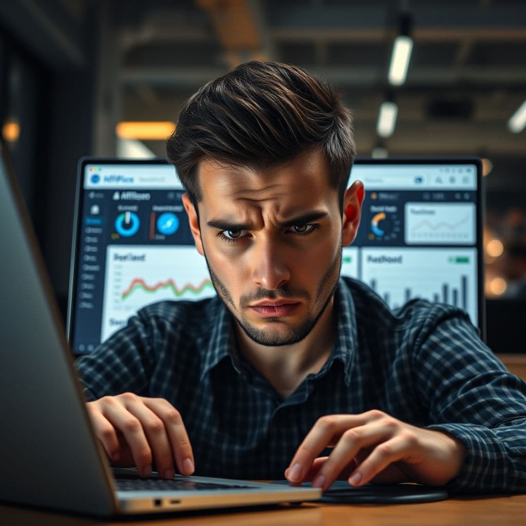 A frustrated beginner struggling with affiliate marketing concepts on a laptop.
