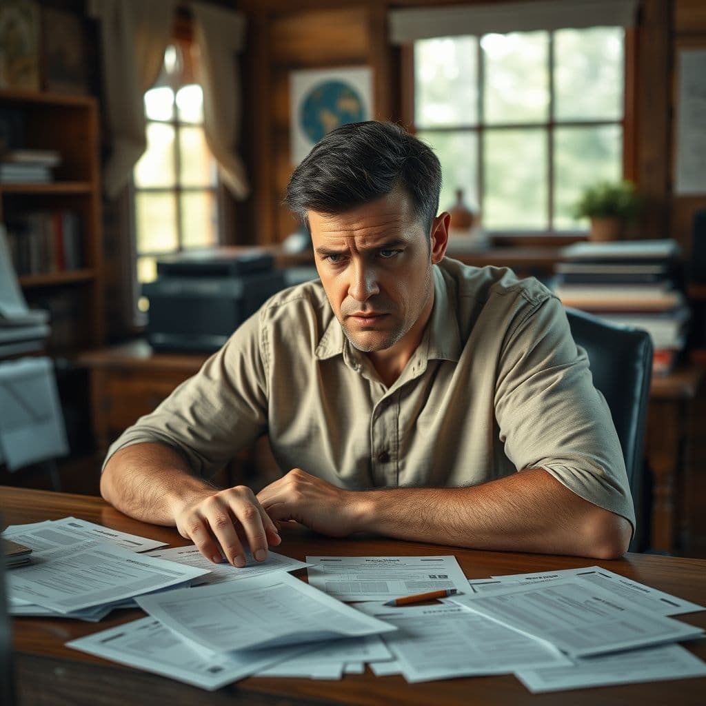 A person looking confused at multiple retirement account statements on a desk