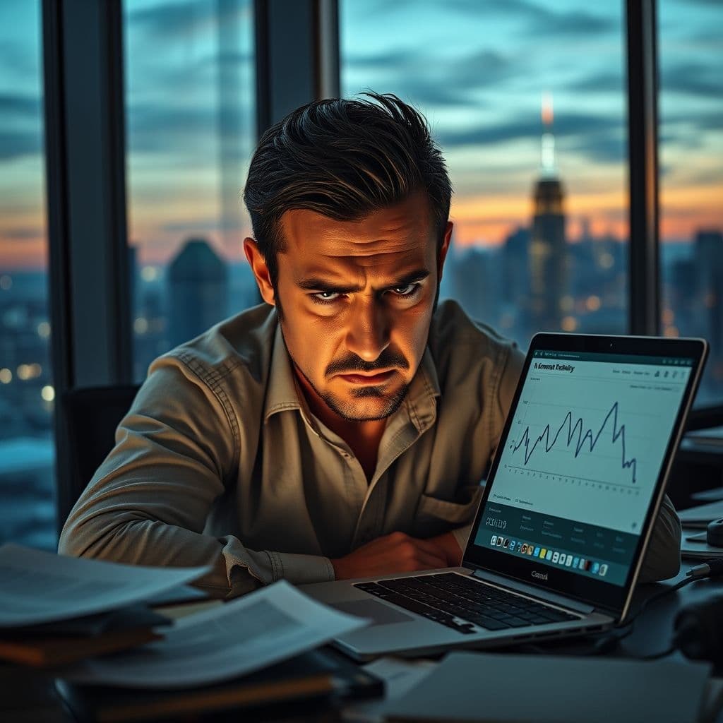 Frustrated entrepreneur analyzing business data on a laptop with charts and graphs