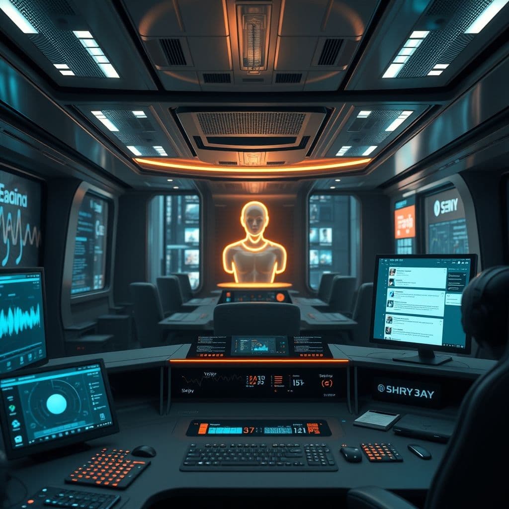 A futuristic interface showing voice notes being transformed into structured content by AI.