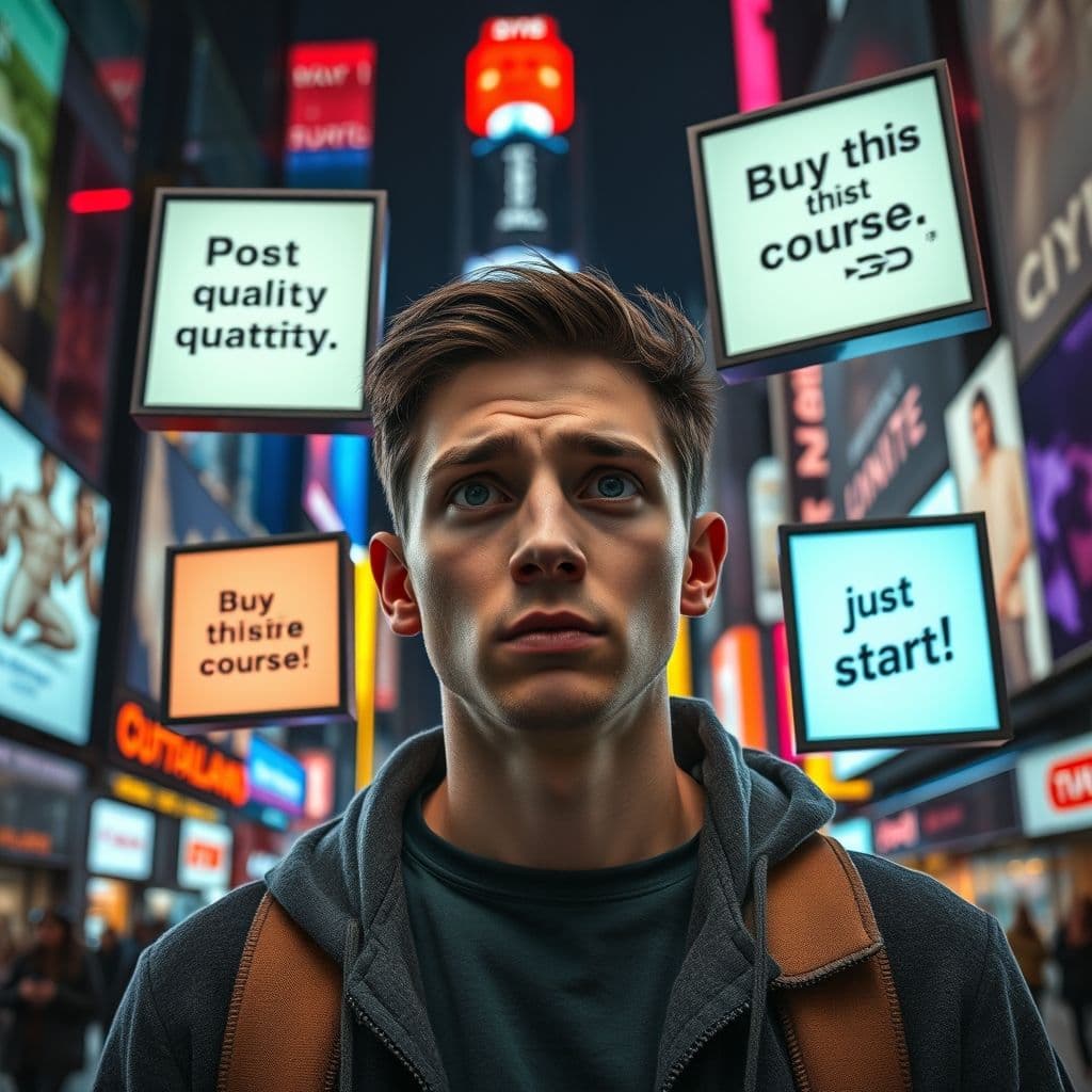 Overwhelmed beginner surrounded by too many strategy options