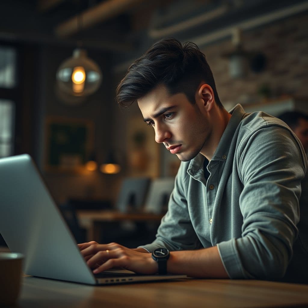 Frustrated new dropshipper looking at a failing online store dashboard.