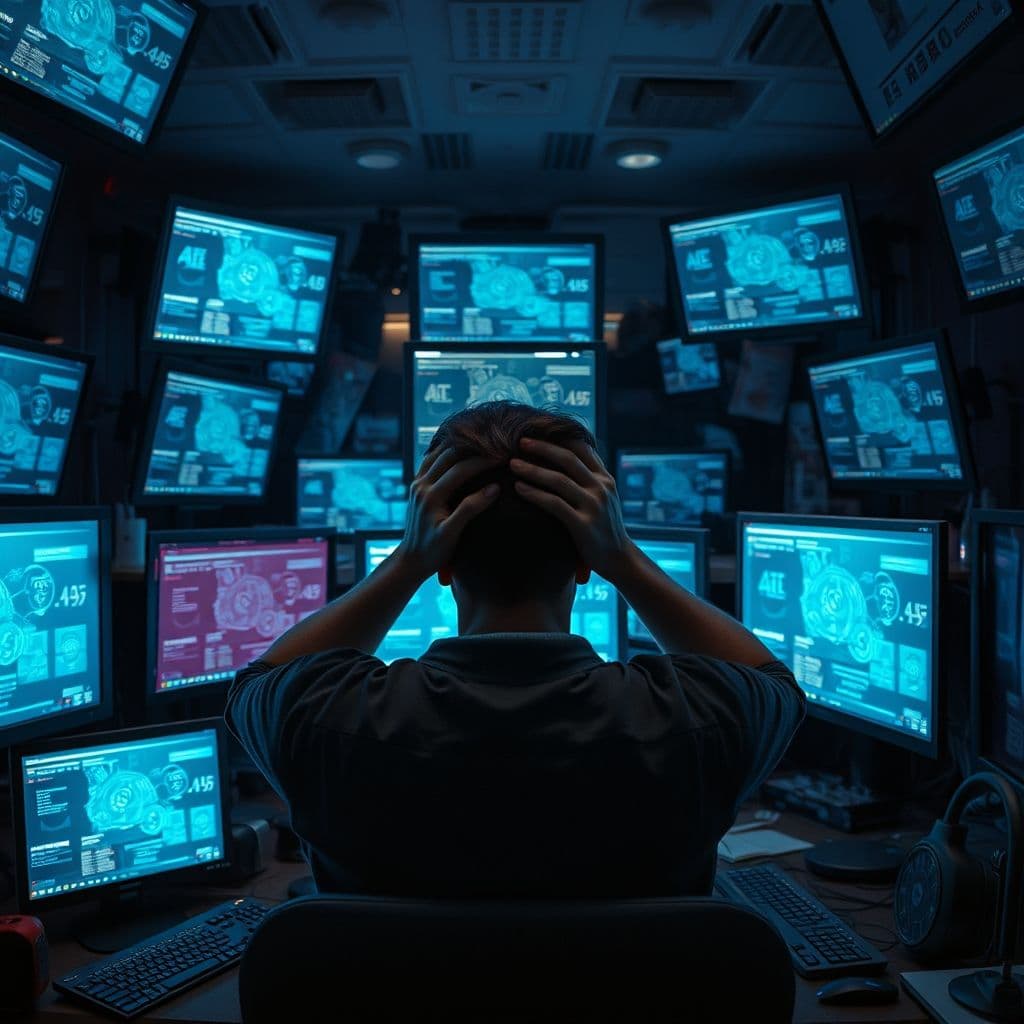 Overwhelmed learner surrounded by multiple AI tool interfaces.