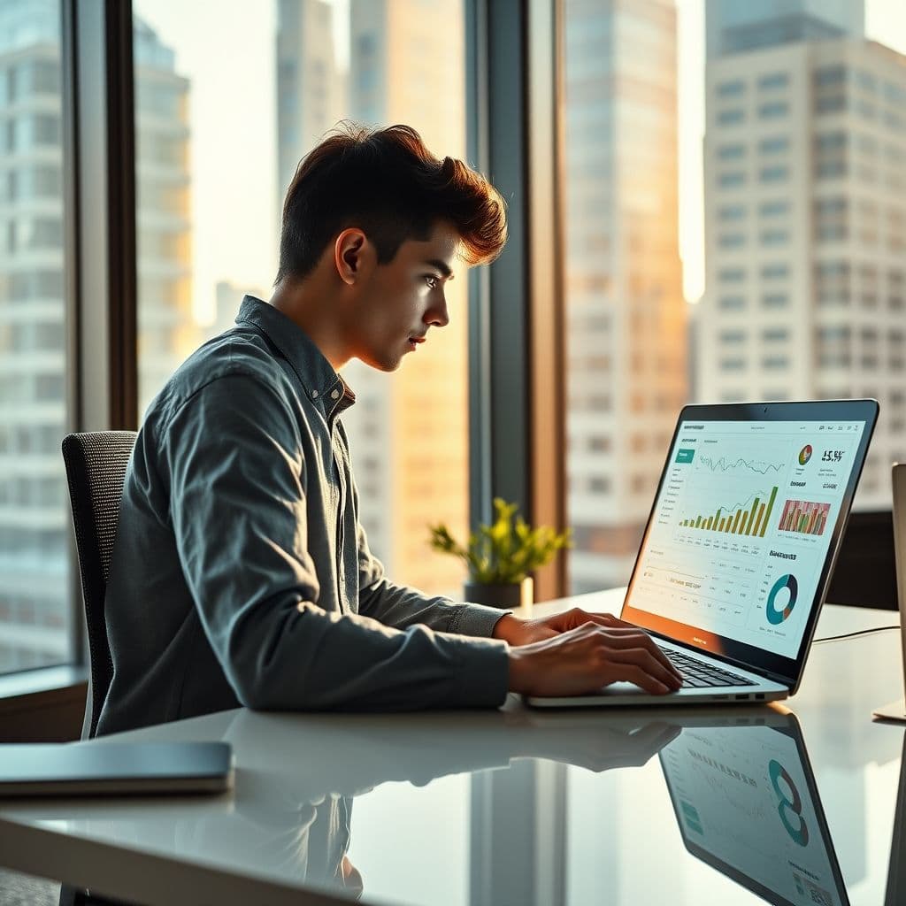 A young adult managing finances on a digital platform.