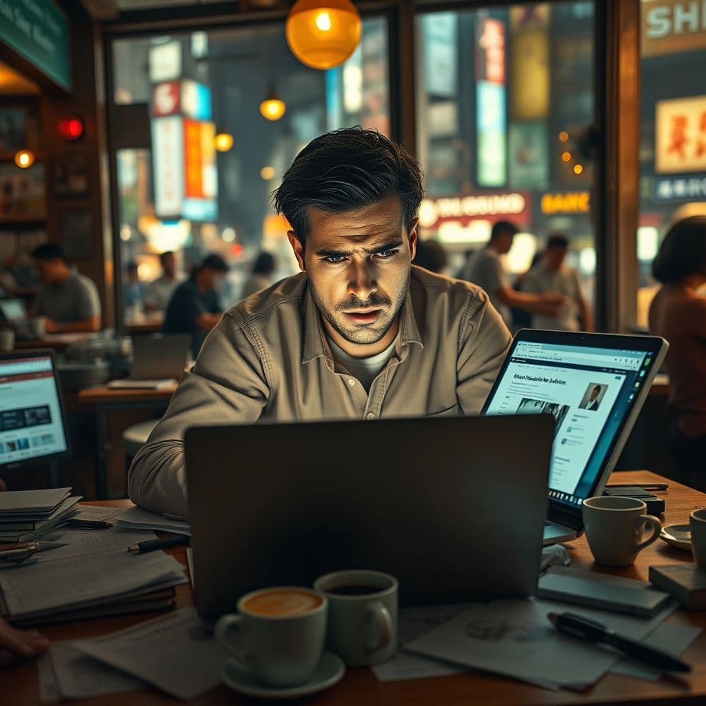 Digital marketer overwhelmed by multiple open tabs and analytics dashboards.