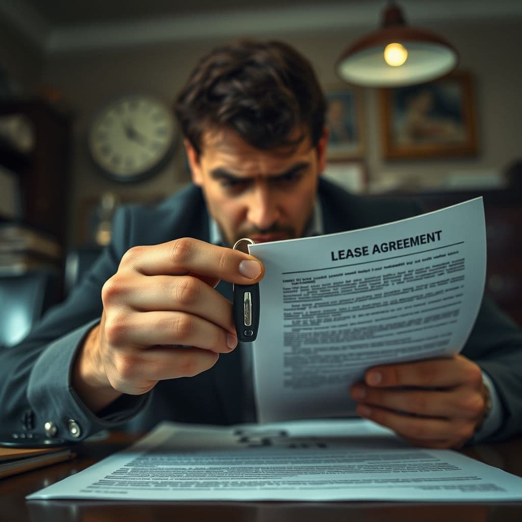 A person frustrated while trying to decide between leasing and buying a car.