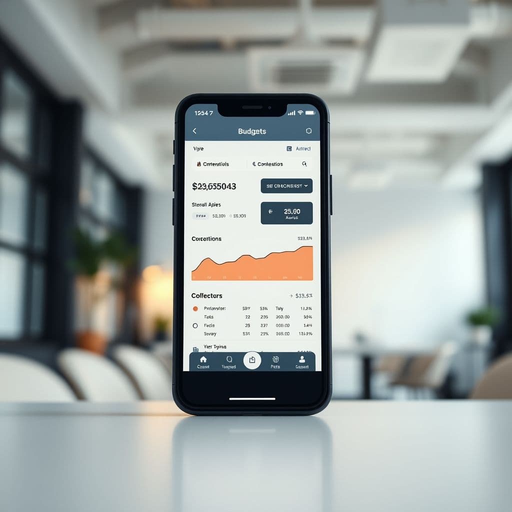 A sleek mock-up of a budgeting app dashboard on a smartphone.