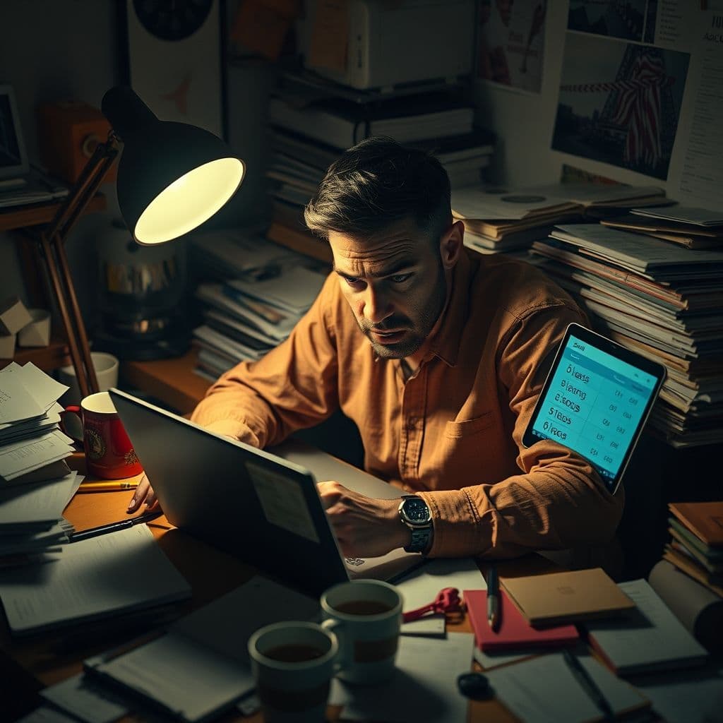 A frustrated freelancer calculating pricing models on a laptop.