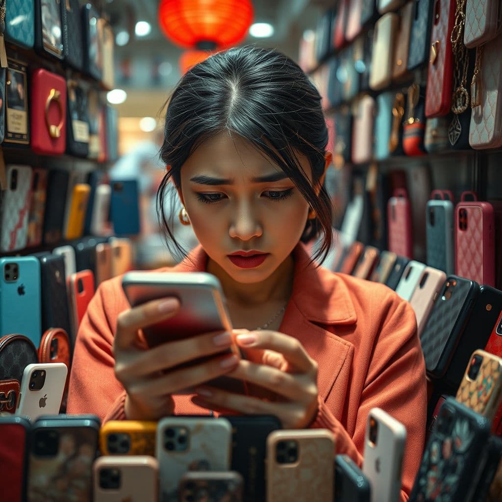 Frustrated user looking at expensive phone cases.