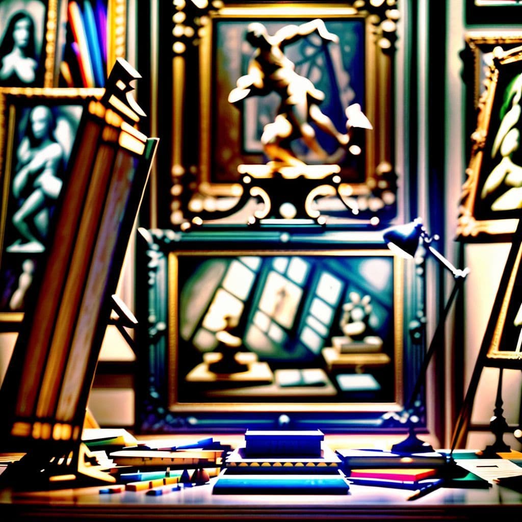 An artist surrounded by sketches and financial papers, looking overwhelmed.