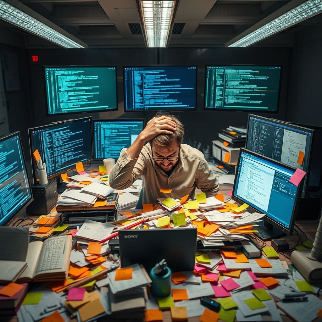 Overwhelmed creator surrounded by scattered notes and multiple devices.