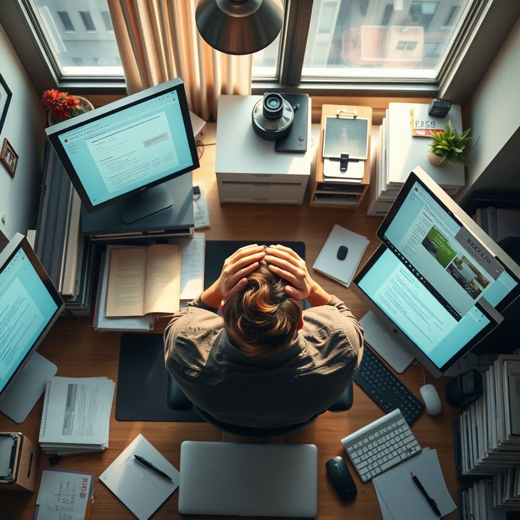 Frustrated professional struggling with disorganized digital notes on multiple devices.