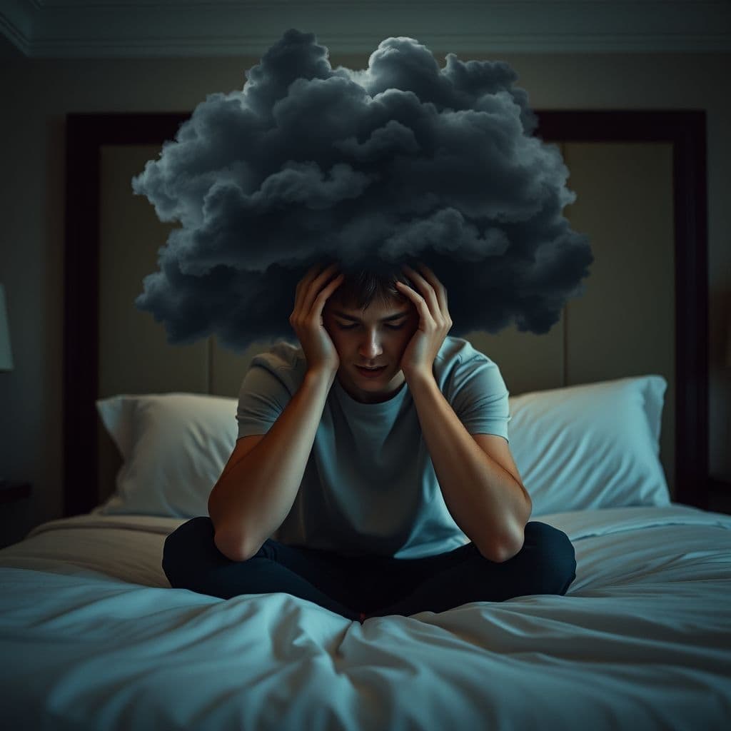 A person sitting alone, overwhelmed by thoughts, with a visual representation of swirling anxiety around their head.